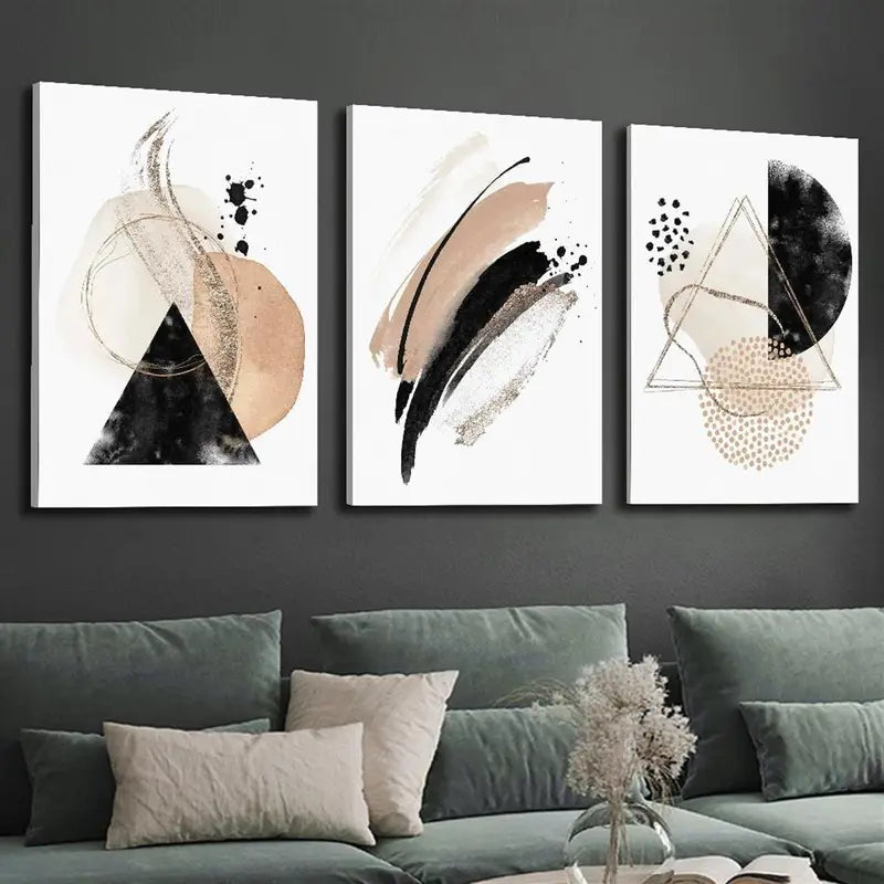 Canvas Wall Art Prints, 3 Pieces, Modern Minimalist Bohemian Style Abstract Geometric Shapes with Frame for Living Room Bedroom, each piece 16x24 inch